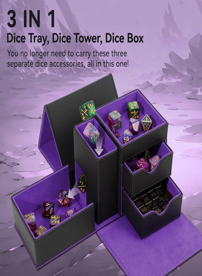Stepane Leather Dice Tray & Tower Storage Box, 3 in 1 Dice Holder Case (Rolling Tray, Tower, Storage Drawers), Magnetic Closure DND Accessories Gifts for RPG MTG, Black/Violet - Image 2